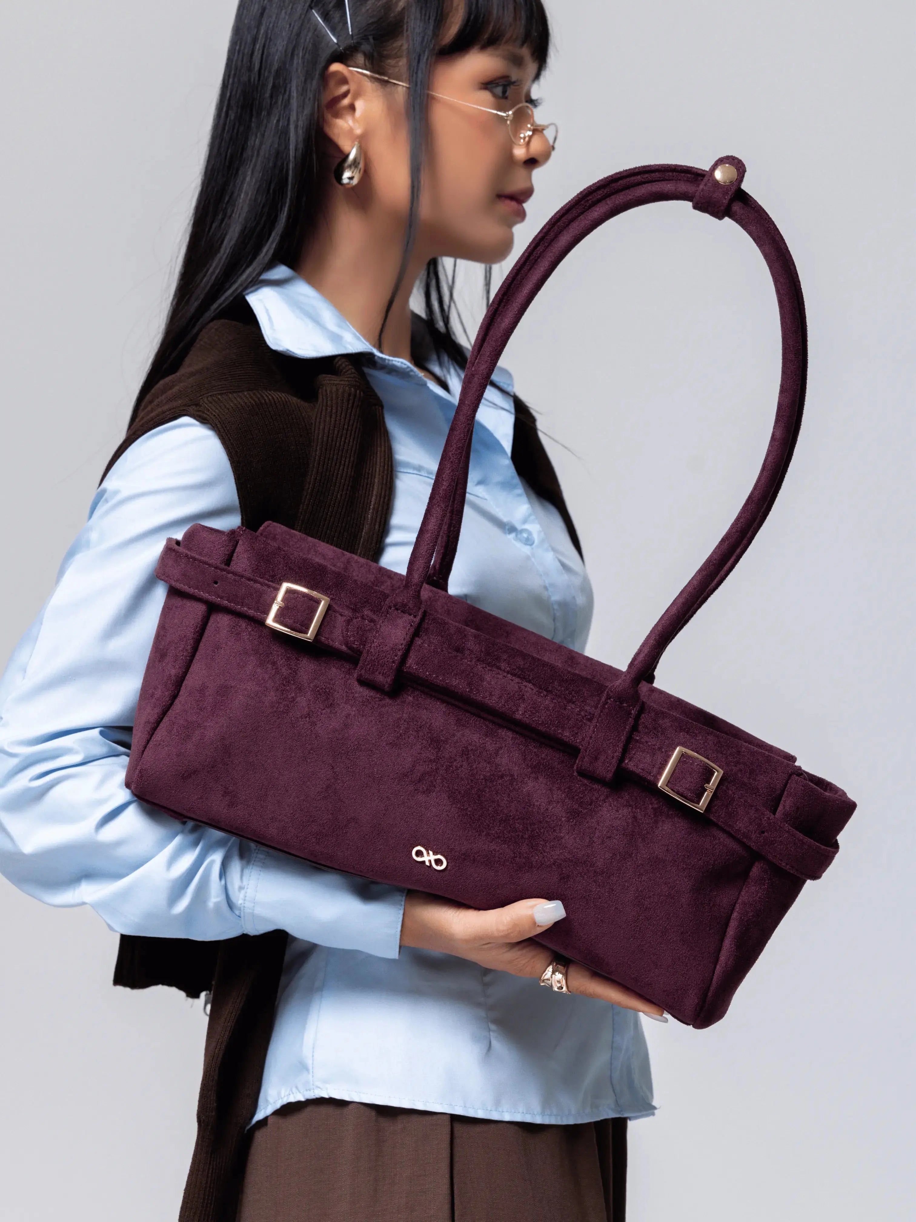 VALENTINA SUEDE BAGUETTE BAG IN BURGUNDY TSL Singapore