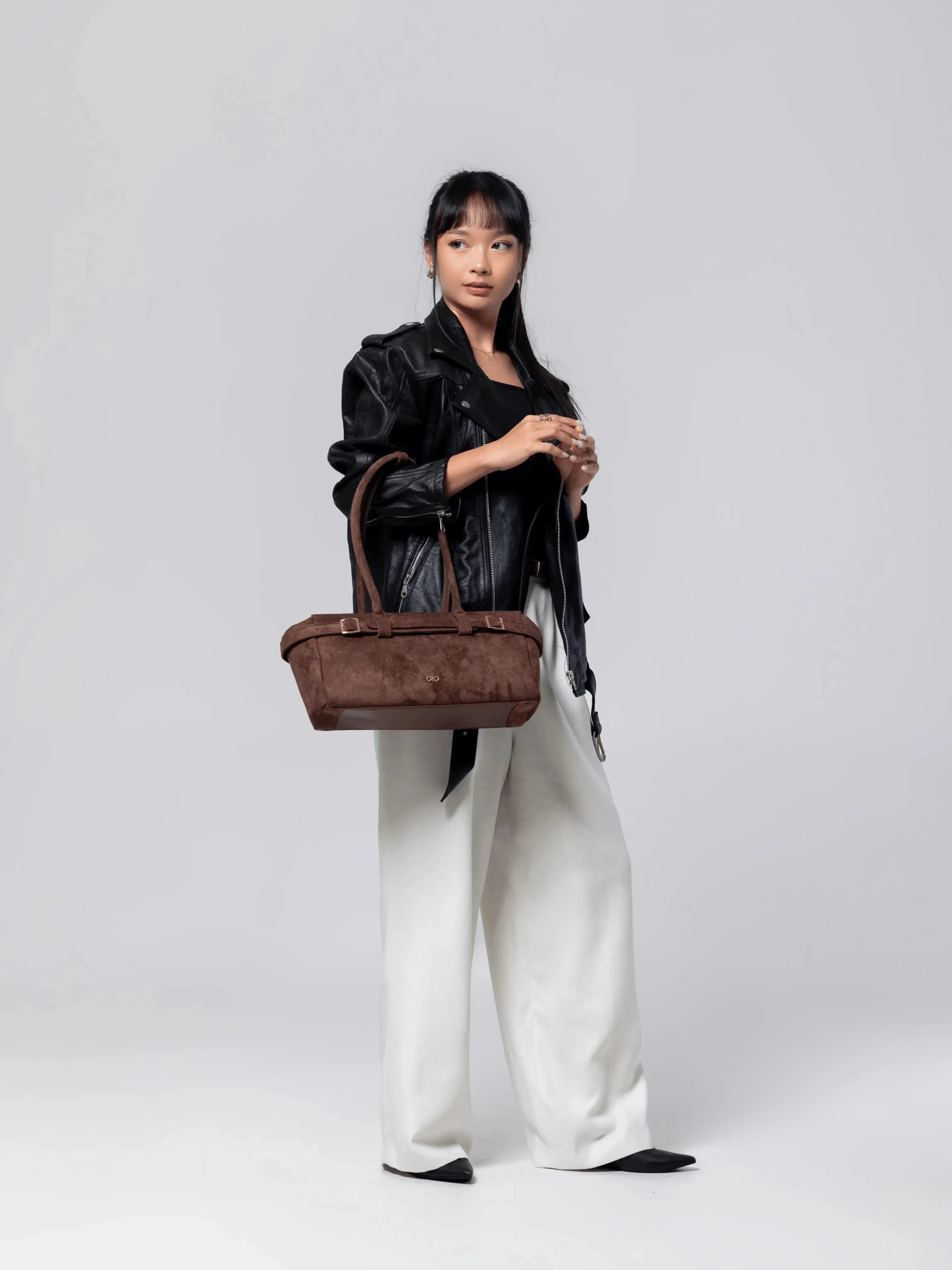 VALENTINA SUEDE BAGUETTE BAG IN ESPRESSO TSL Singapore