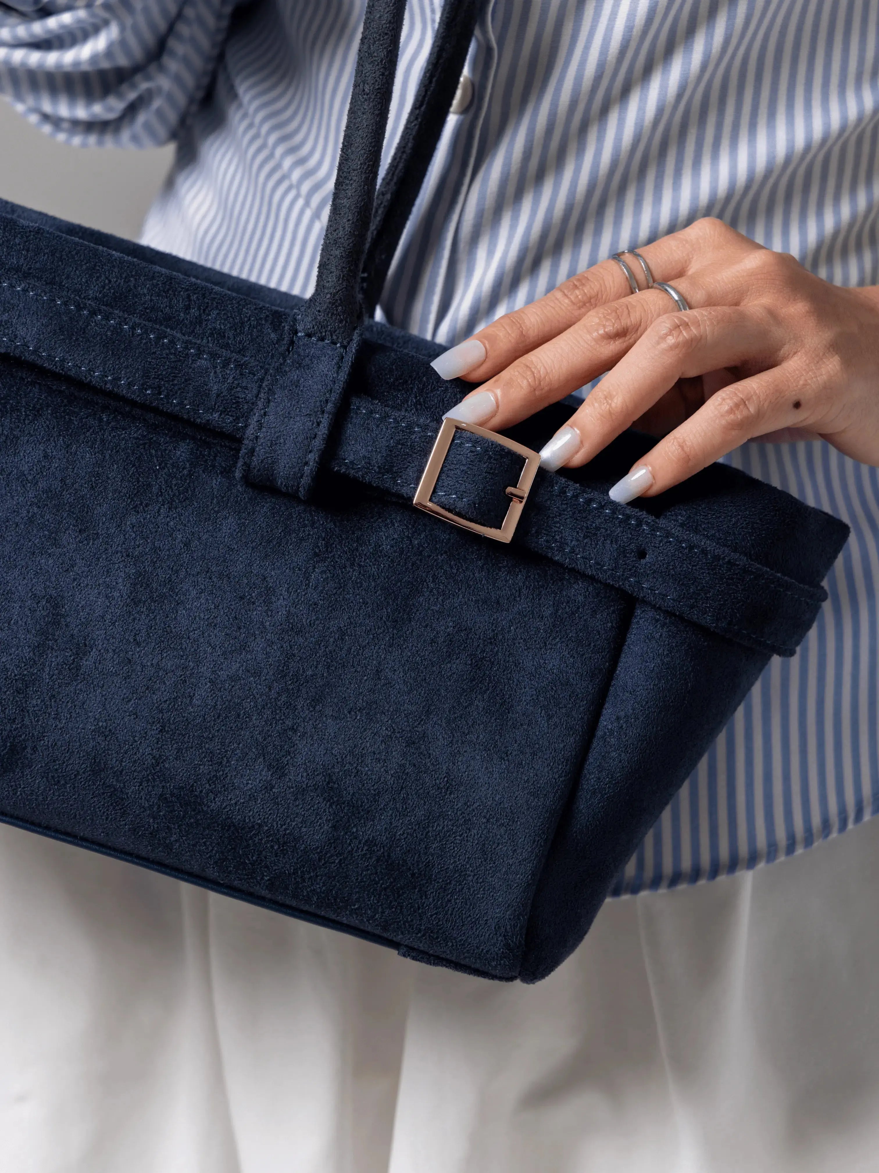 VALENTINA SUEDE BAGUETTE BAG IN PRUSSIAN BLUE TSL Singapore