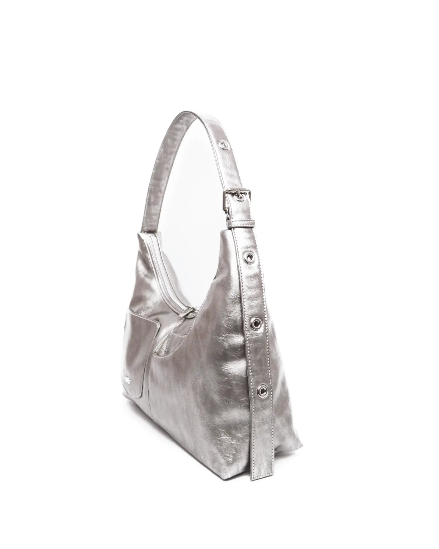 SIGNATURE POCKET LEATHER HOBO BAG IN NICKEL TSL Singapore