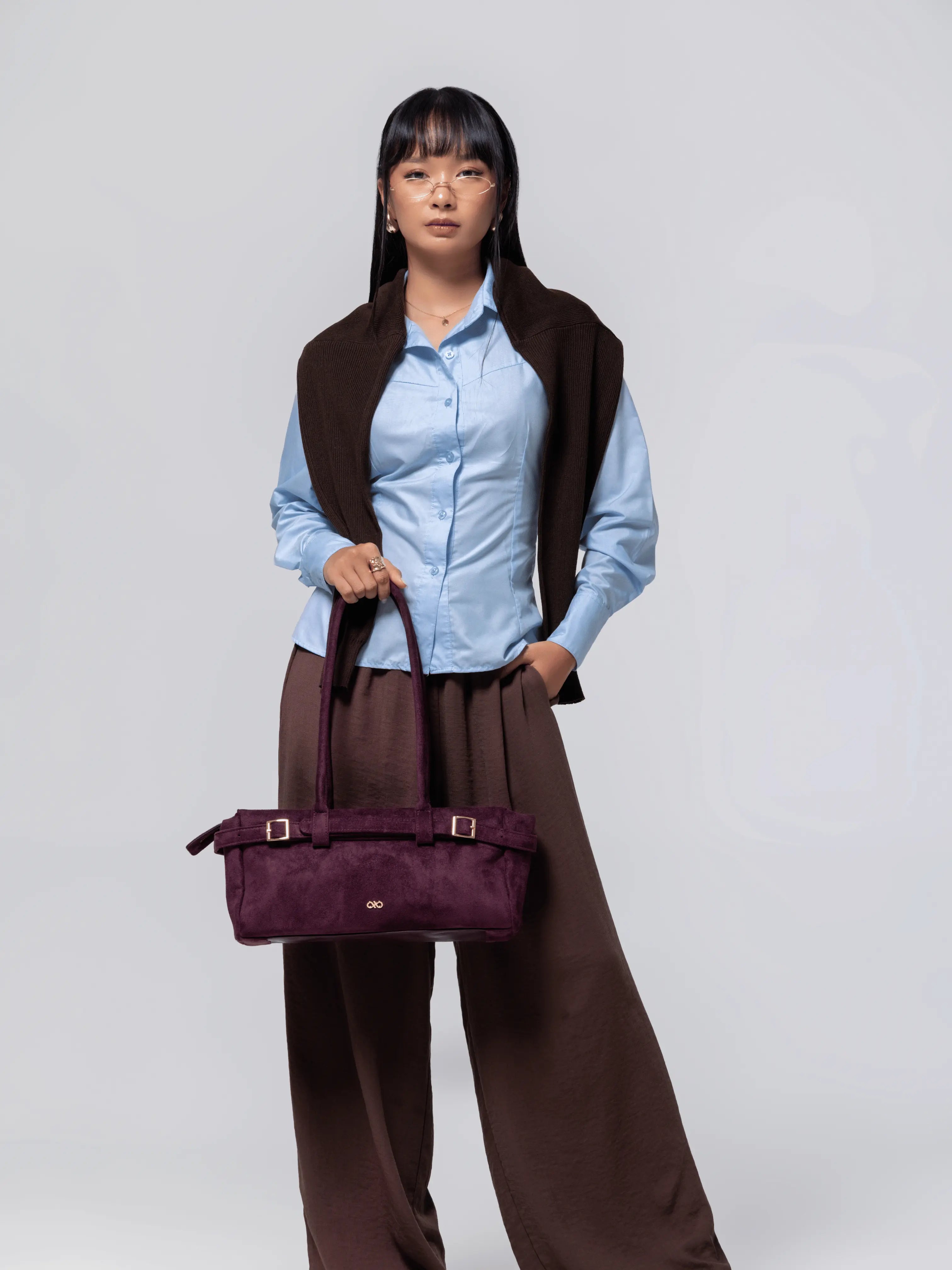 VALENTINA SUEDE BAGUETTE BAG IN BURGUNDY TSL Singapore
