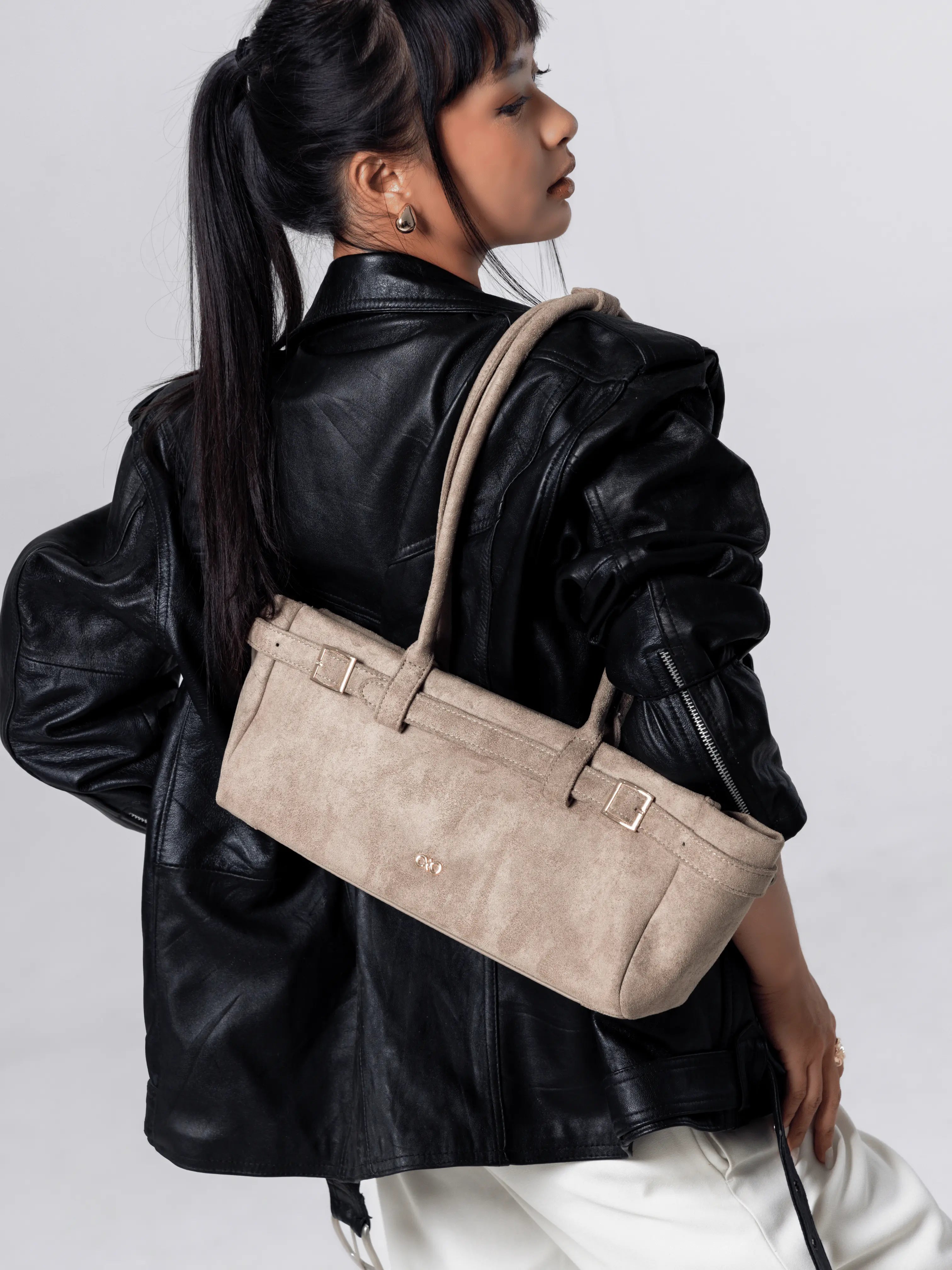 VALENTINA SUEDE BAGUETTE BAG IN DUNE TSL Singapore