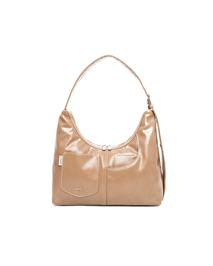 SIGNATURE POCKET LEATHER HOBO BAG IN MILK TEA
