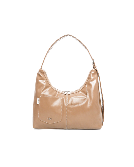 SIGNATURE POCKET LEATHER HOBO BAG IN MILK TEA