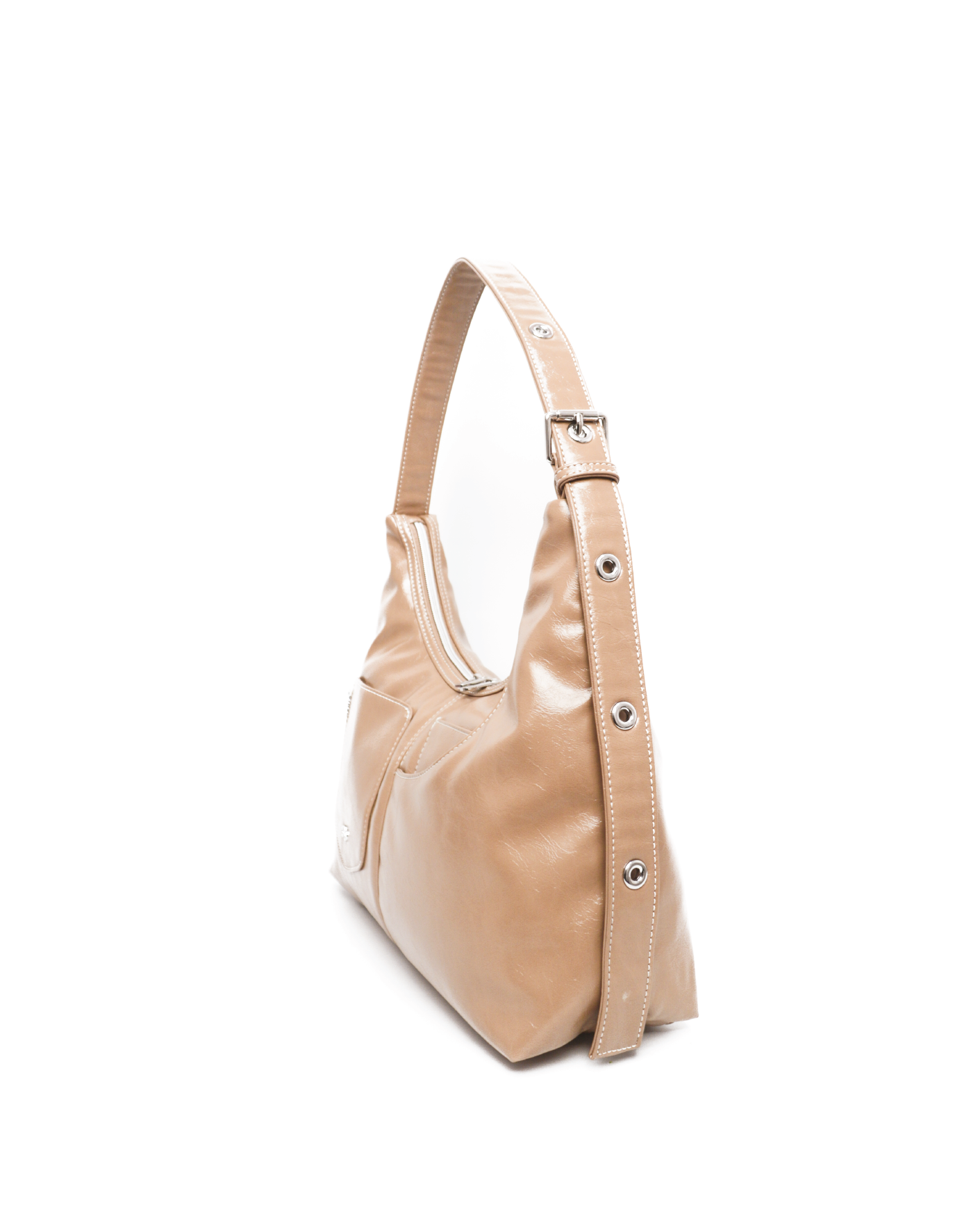 SIGNATURE POCKET LEATHER HOBO BAG IN MILK TEA