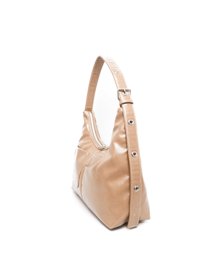 SIGNATURE POCKET LEATHER HOBO BAG IN MILK TEA