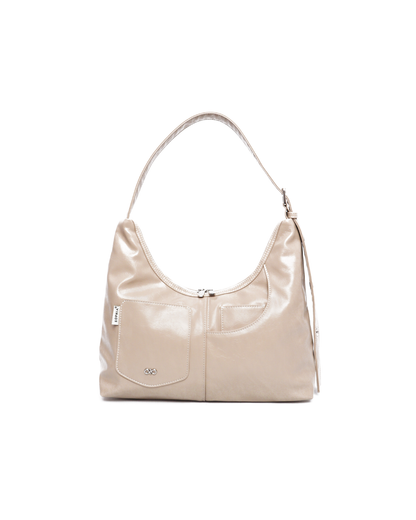 SIGNATURE POCKET LEATHER HOBO BAG IN SAND
