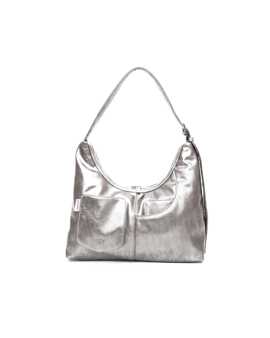SIGNATURE POCKET LEATHER HOBO BAG IN NICKEL