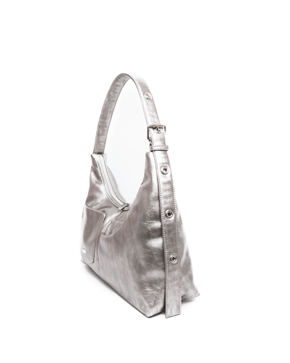 SIGNATURE POCKET LEATHER HOBO BAG IN NICKEL