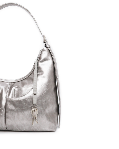 SIGNATURE POCKET LEATHER HOBO BAG IN NICKEL