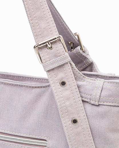 SIGNATURE POCKET DENIM TOTE BAG IN PURPLE DENIM