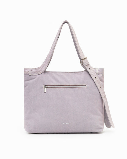 SIGNATURE POCKET DENIM TOTE BAG IN PURPLE DENIM